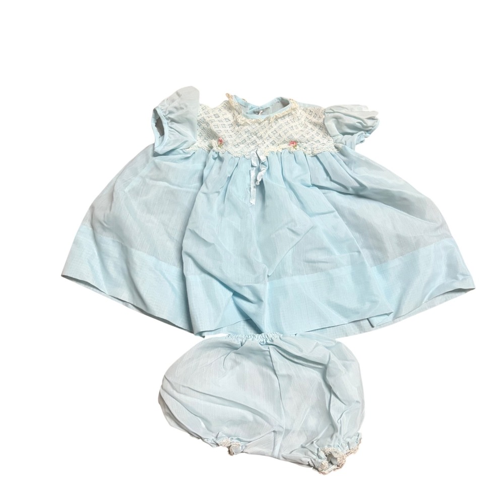 Vintage Honeysuckle Sears Baby Girl Blue Lace Dress Bloomers Set 9 Months USA